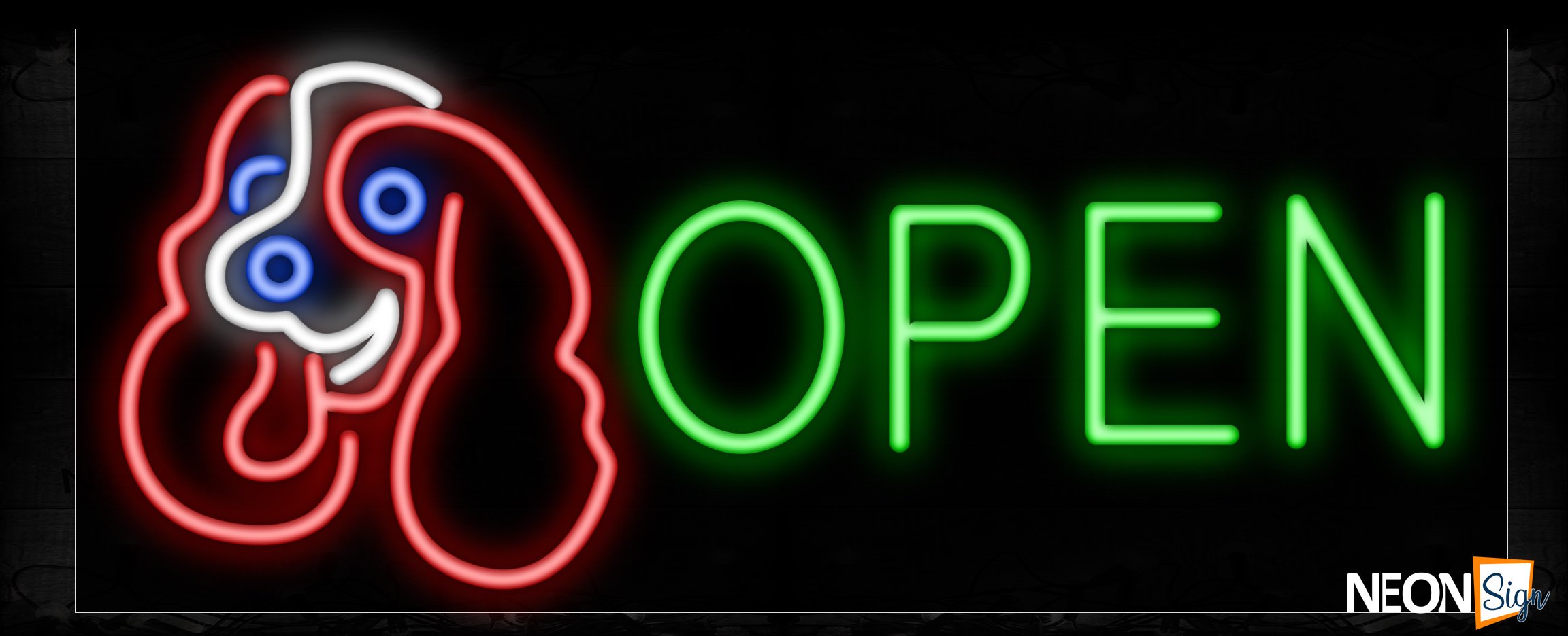 Image of 10600 Open with dog logo Neon Sign_13x32 Black Backing