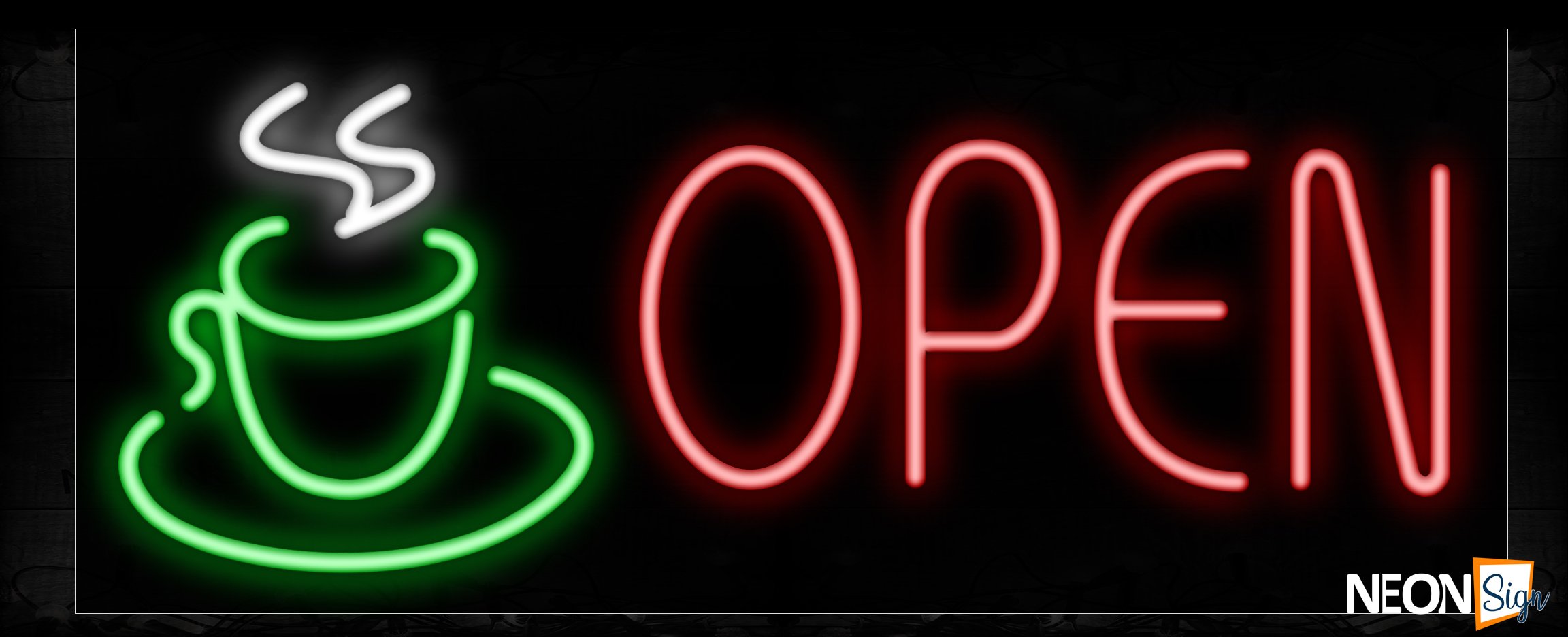 Image of 10601 Open with cup logo Neon Sign_13x32 Black Backing