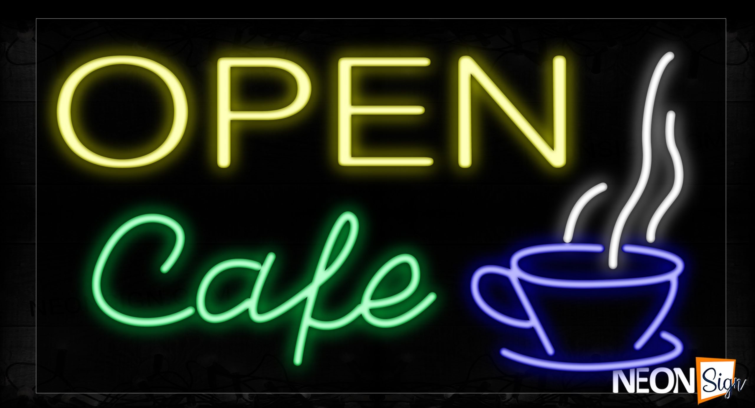Image of 10672 Open Cafe With Cup Logo Neon Signs_20x37 Black Backing