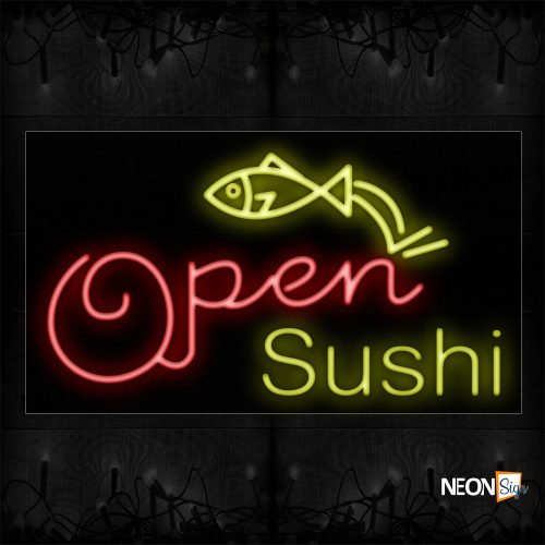 Image of 10704 Open Sushi with fish logo Neon Signs_20x37 Black Backing