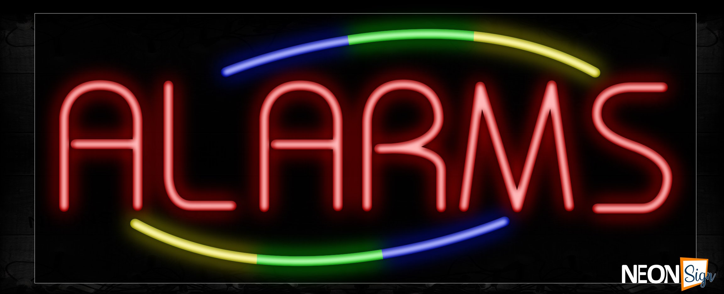 Image of 10725 Alarms in red with colorful arc border Neon Sign_13x32 Black Backing