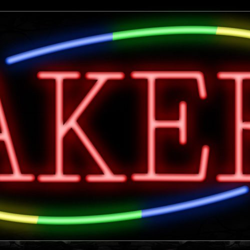 Image of 10734 Bakery in red with colorful arc border Neon Sign_13x32 Black Backing