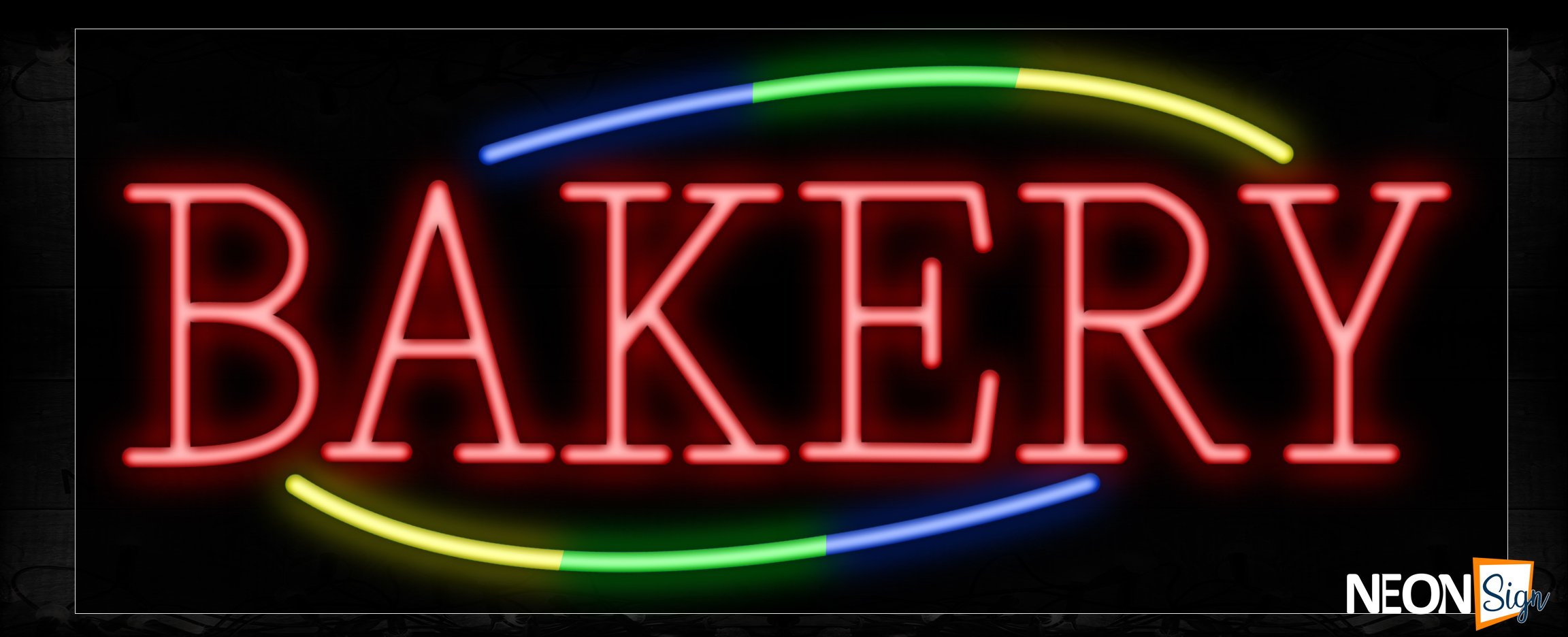 Image of 10734 Bakery in red with colorful arc border Neon Sign_13x32 Black Backing