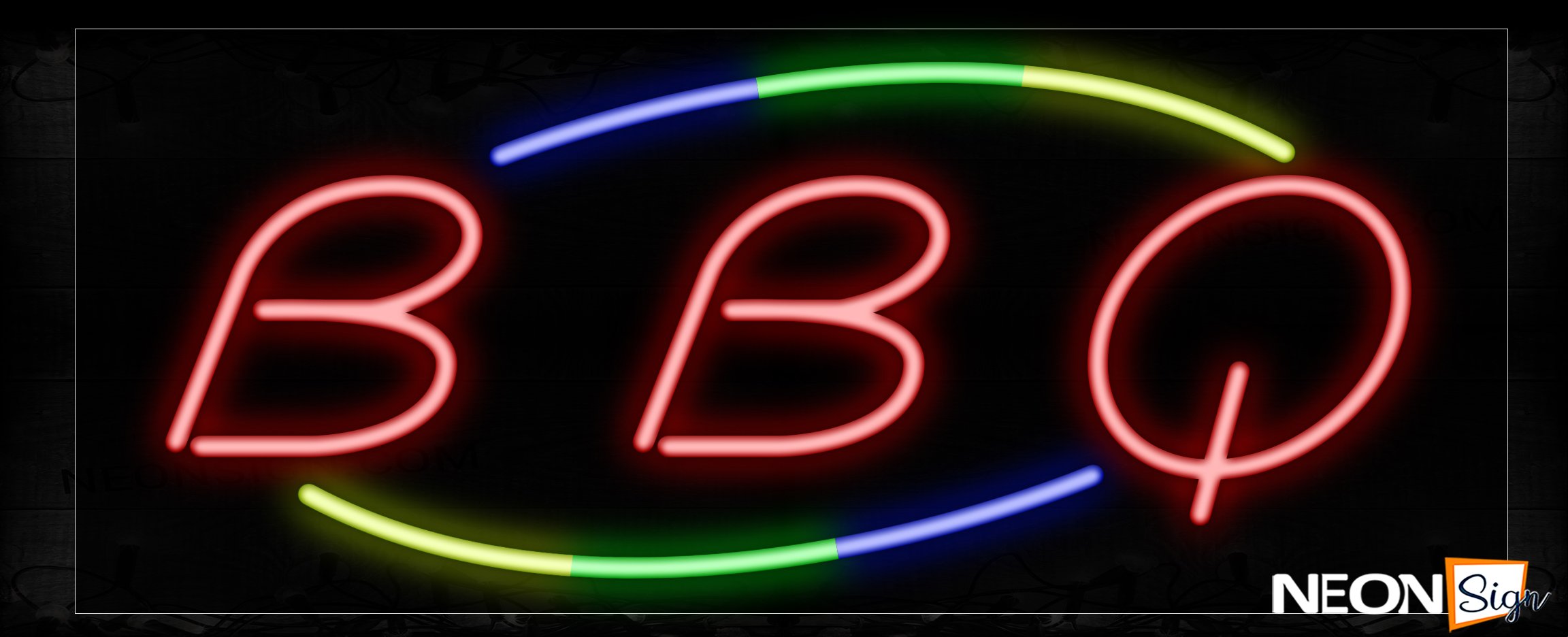 Image of 10740 B.B.Q In Red With Colorful Arc Border Neon Signs_13x32 Black Backing