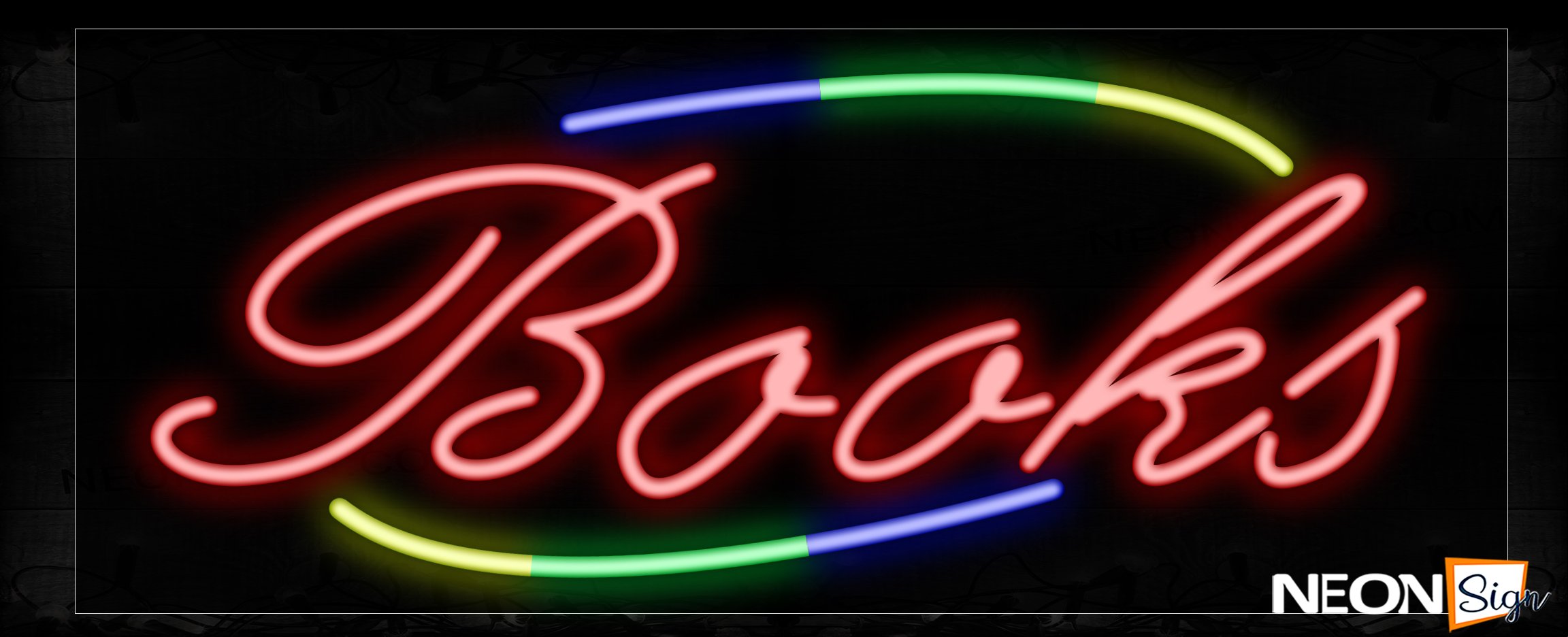 Image of 10745 Books In Red With Colorful Arc Border Neon Signs_13x32 Black Backing