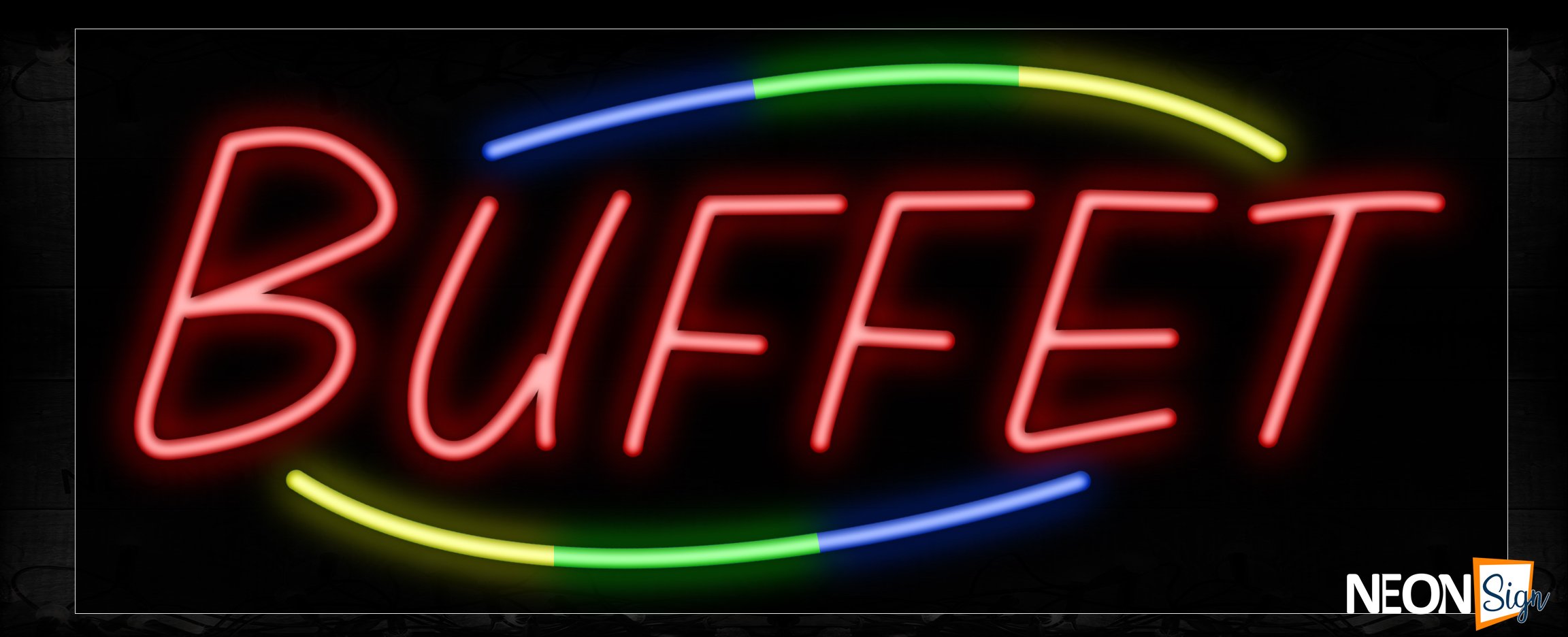 Image of 10751 Buffet in red with colorful arc logo Neon Sign_13x32 Black Backing