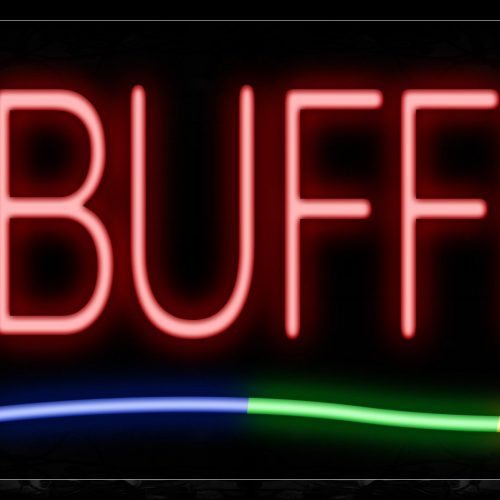 Image of 10752 Buffet in red with colorful lines and logo Neon Sign_13x32 Black Backing