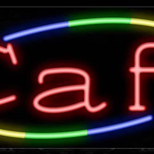 Image of 10755 Cafe in red with colorful arc border Neon Sign_13x32 Black Backing