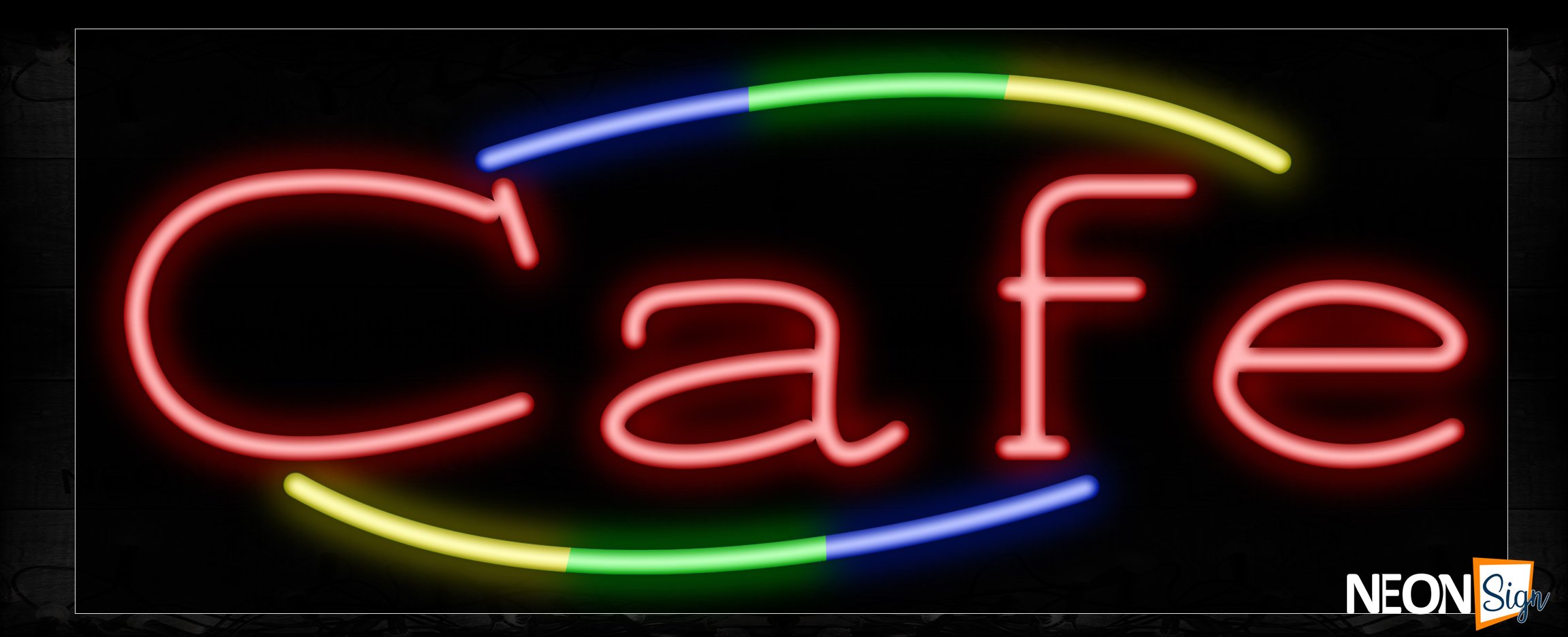 Image of 10755 Cafe in red with colorful arc border Neon Sign_13x32 Black Backing