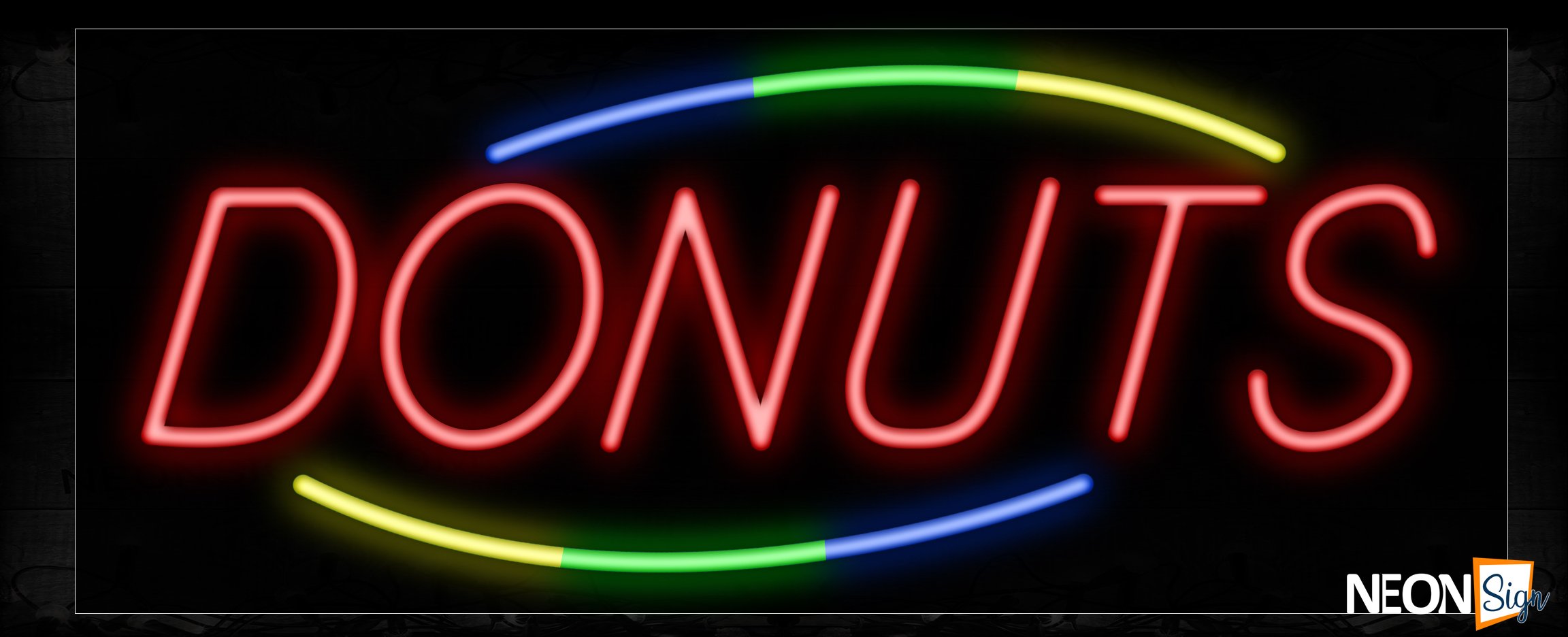 Image of 10785 Donuts in red with colorful arc border Neon Sign_13x32 Black Backing