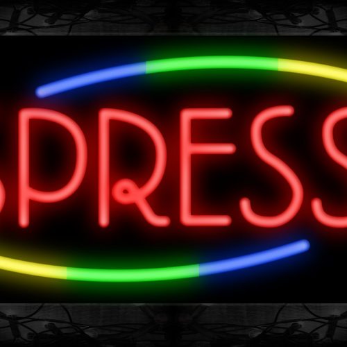 Image of 10789 Espresso with colorful arc border Neon Sign 13x32 Black Backing