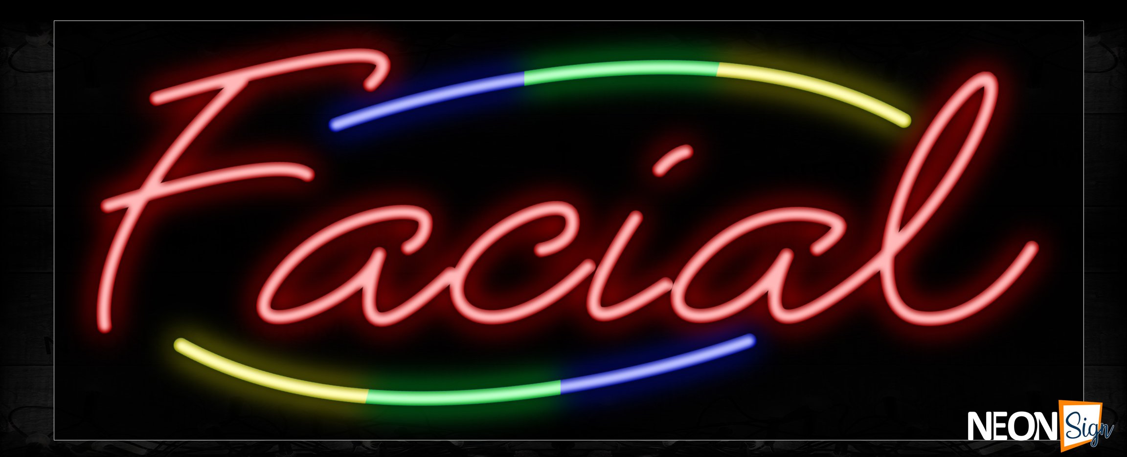 Image of 10793 Facial in red with colorful arc border Neon Sign_13x32 Black Backing
