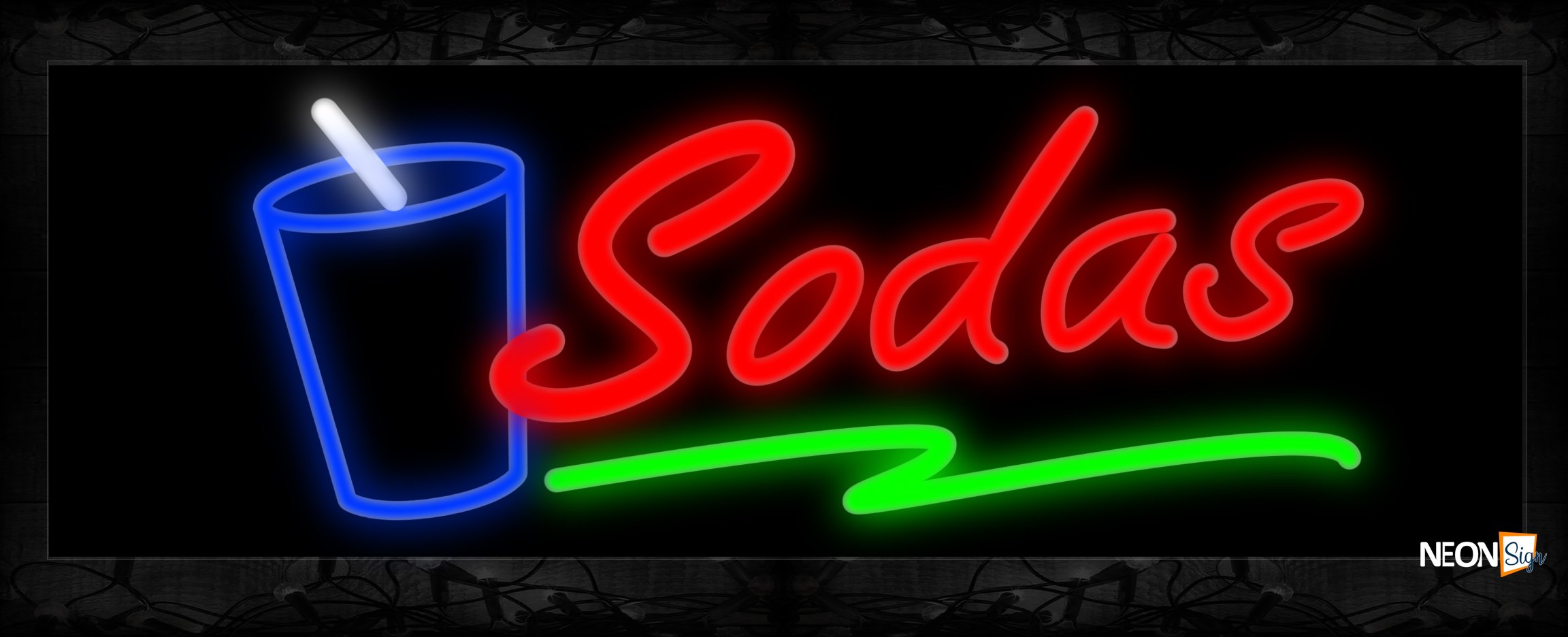 Image of 10902 Sodas in red with green line and glass Neon Sign 13x32 Black Backing