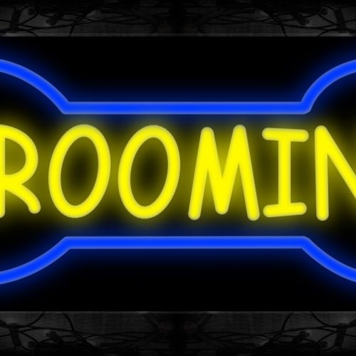 Image of 10939 Grooming in yellow with blue bone border Neon Sign 13x32 Black Backing