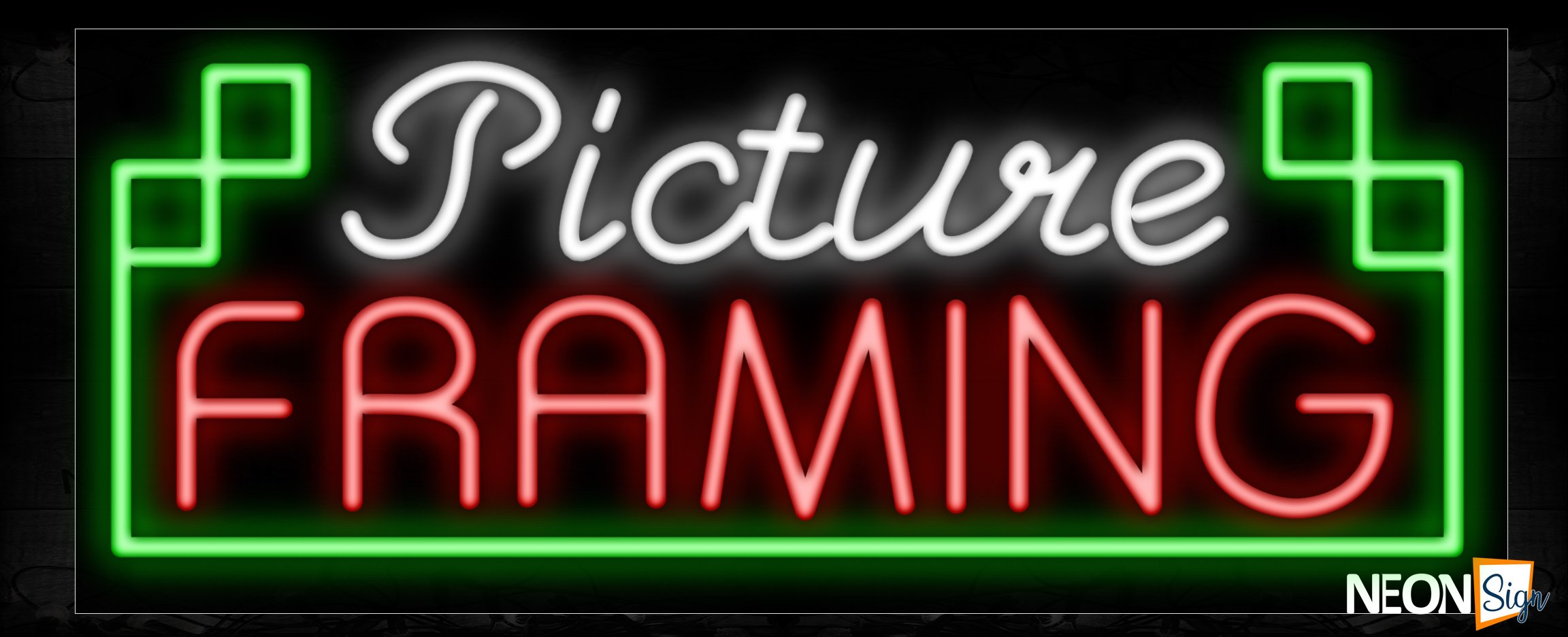 Image of 10957 Picture Framing with green border Neon Sign_13x32 Black Backing
