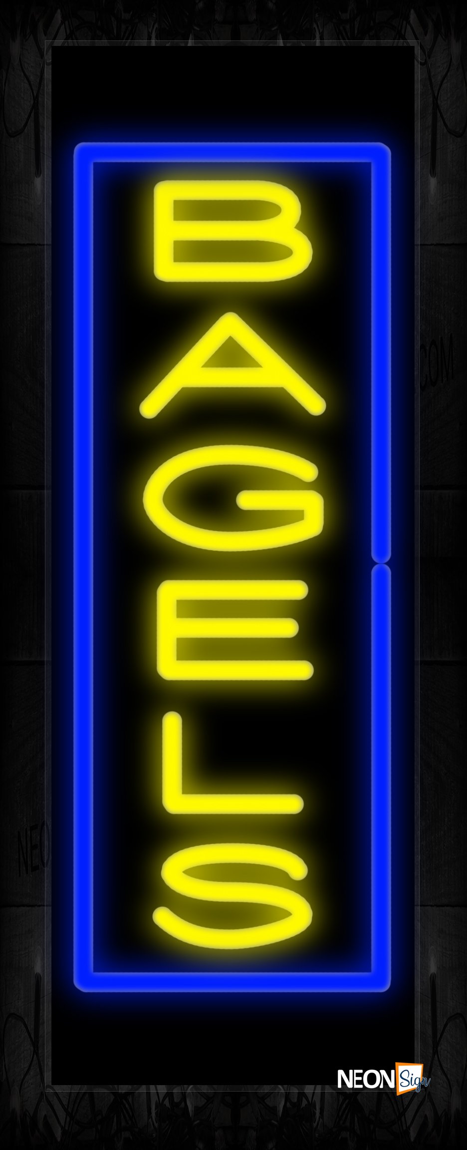 Image of 10963 Bagels in yellow with blue border (Vertical) Neon Sign 13x32 Black Backing
