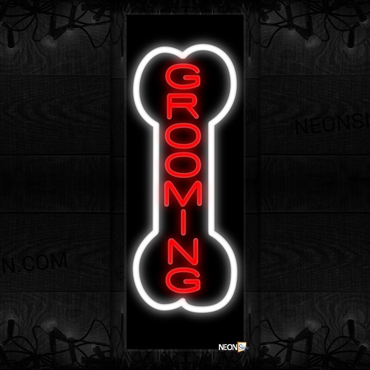 Image of 10990 Grooming with white bone border (Vertical) Neon Sign 13x32 Black Backing