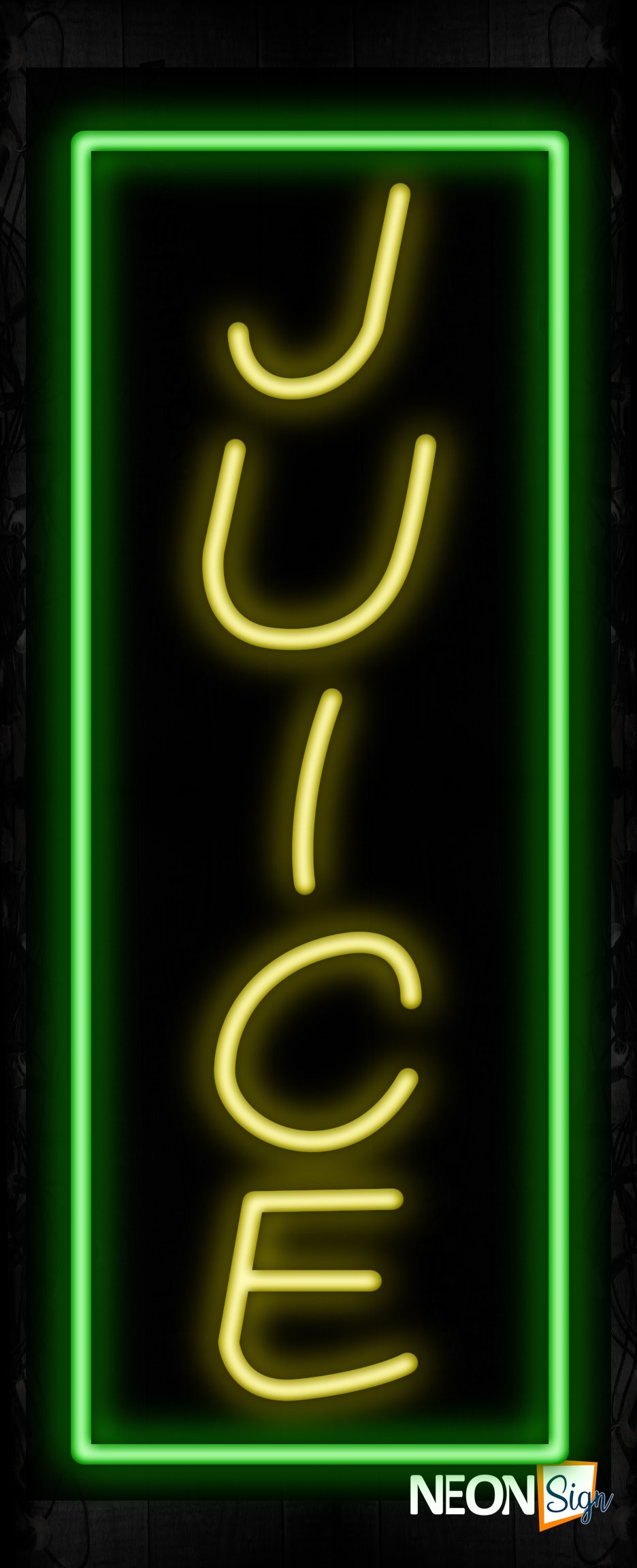 Image of 10996 Juice in yellow with green border (vertical) Neon Sign_ 32x12 Black Backing