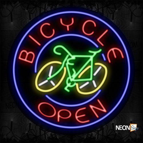 Image of 11127 OPEN Bicycle Open With Circle Border And Bicycle Logo Neon Sign_26x26 Contoured Black Backing