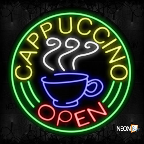 Image of 11129 Cappuccino Open With Border & Mug Neon Signs_26x26 Contoured Black Backing