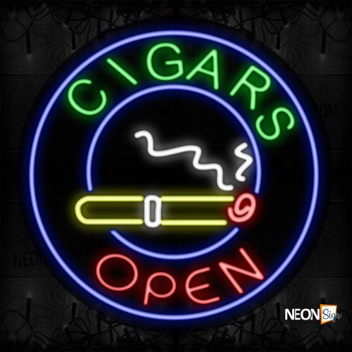 Image of 11131 Cigars Open With Logo And Blue Circle Border Neon Signs_26x26 Contoured Black Backing
