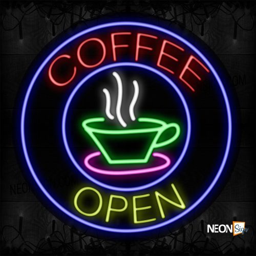 Image of 11134 Coffee Open With Cup And Blue Circle Border Neon Signs_26x26 Contoured Black Backing