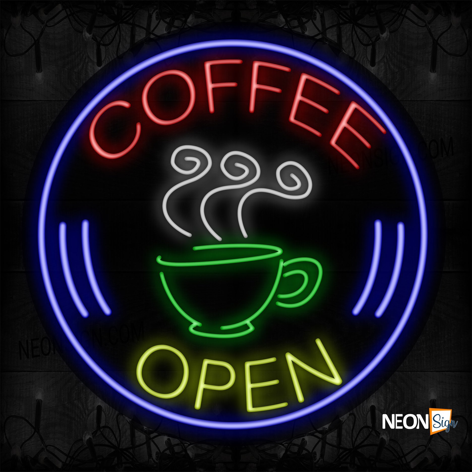 Image of 11135 Coffee Open With Circle Border Neon Signs_26x26 Contoured Black Backing