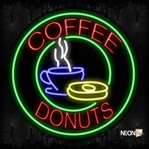 Image of 11138 Coffee Donut With Circle Border With Mug And Donut Logo Neon Signs_26x26 Contoured Black Backing