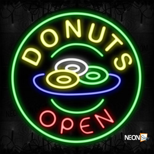 Image of 11139 Donuts Open With Circle Border Neon Signs_26x26 Contoured Black Backing