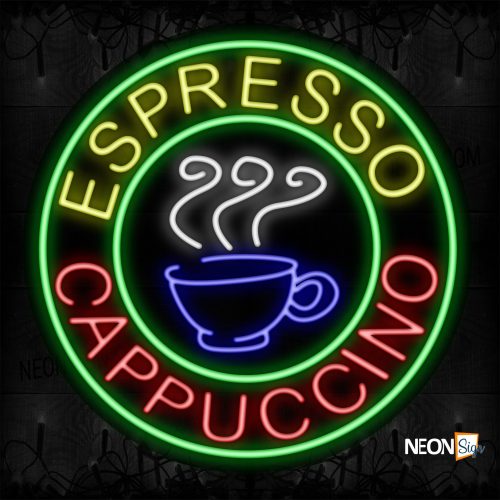 Image of 11141 Espresso Cappuccino With Cup And Green Circle Border Neon Signs_26x26 Contoured Black Backing