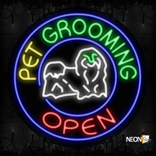 Image of 11147 Pet Grooming Open With Blue Circle Border And Logo Neon Sign_26x26 Contoured clear backing