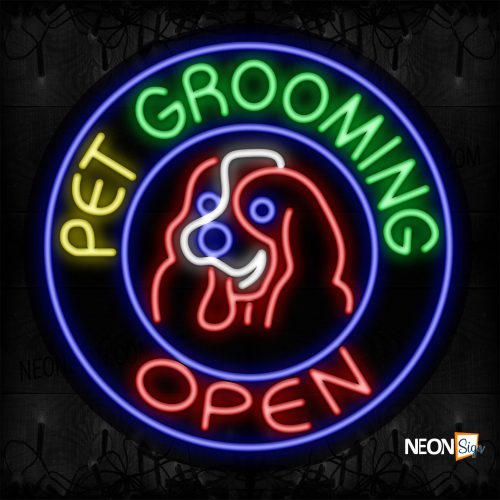 Image of 11148 Open Pet Grooming With Pet Image Circle Led Bulb Neon Sign_26x26 Contoured clear backing