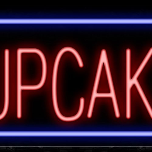 Image of 11186 Cupcakes in red with blue border Neon Sign_13x32 Black Backing