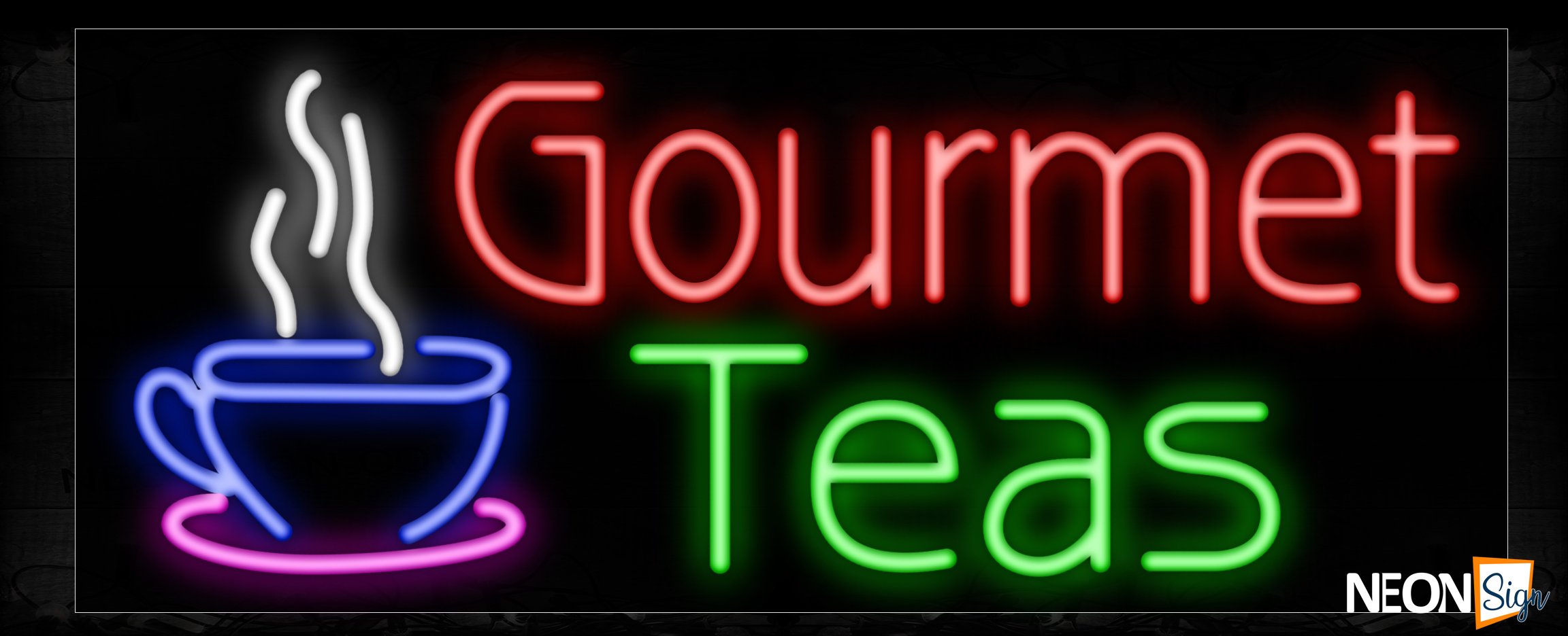 Image of 11220 Gourmet Teas with cup of coffee Neon Sign_13x32 Black Backing