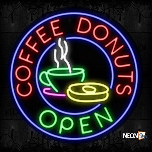 Image of 11315 Coffee Donuts Open With Blue Circle Border And Logo Neon Signs_26x26 Contoured Black Backing
