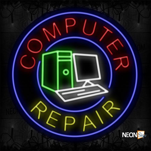 Image of 11316 Computer Repair With Logo And Blue Circle Border Neon Signs_26x26 Black Backing