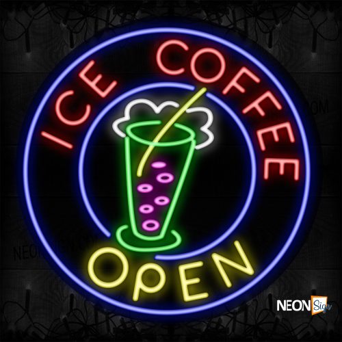Image of 11317 Ice Coffee Open With Logo And Circle Blue Border Neon Signs_26x26 Contoured Black Backing