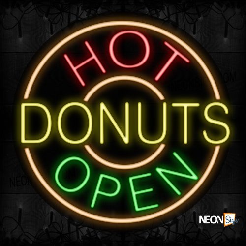 Image of 11319 Hot Donuts Open With Circle Border Neon Signs_26x26 Contoured Black Backing