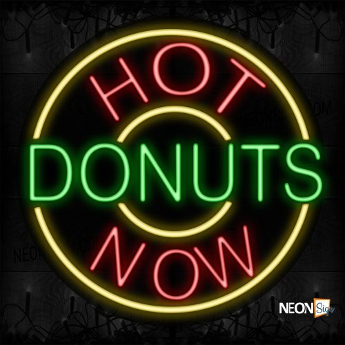 Image of 11320 Hot Donuts Now With Yellow Circle Border Neon Signs_26x26 Contoured Black Backing