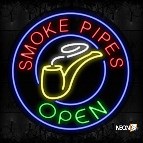 Image of 11339 Smoke Pipes Open With Logo And Blue Circle Border Neon Signs_26x26 Contoured Black Backing