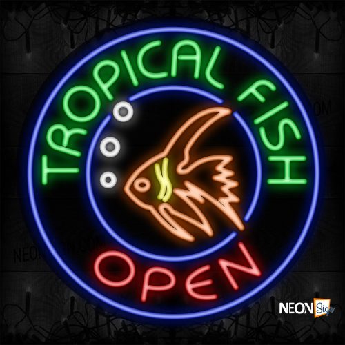 Image of 11342 Tropical Fish Open With Fish Logo And Circle Border Neon Sign_26x26 Contoured clear backing