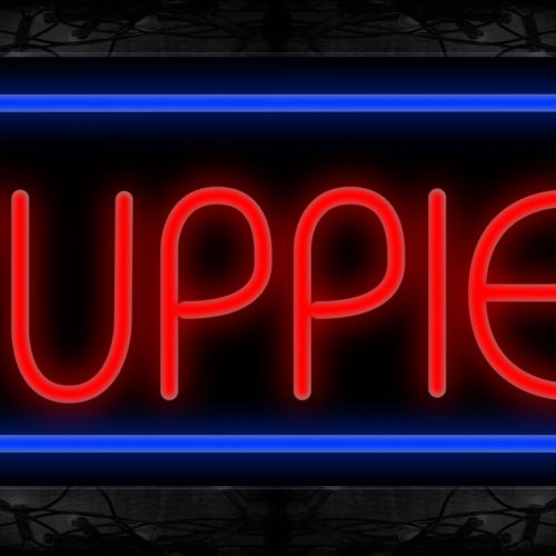 Image of 11468 Puppies in red with blue border Neon Sign 13x32 Black Backing