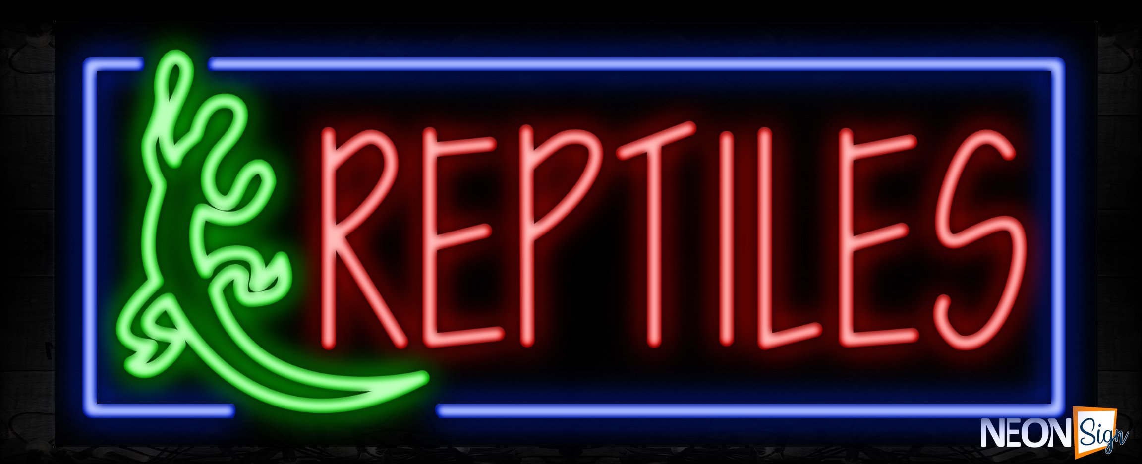 Image of 11470 Reptiles with logo and blue border Neon Sign_13x32 Black Backing