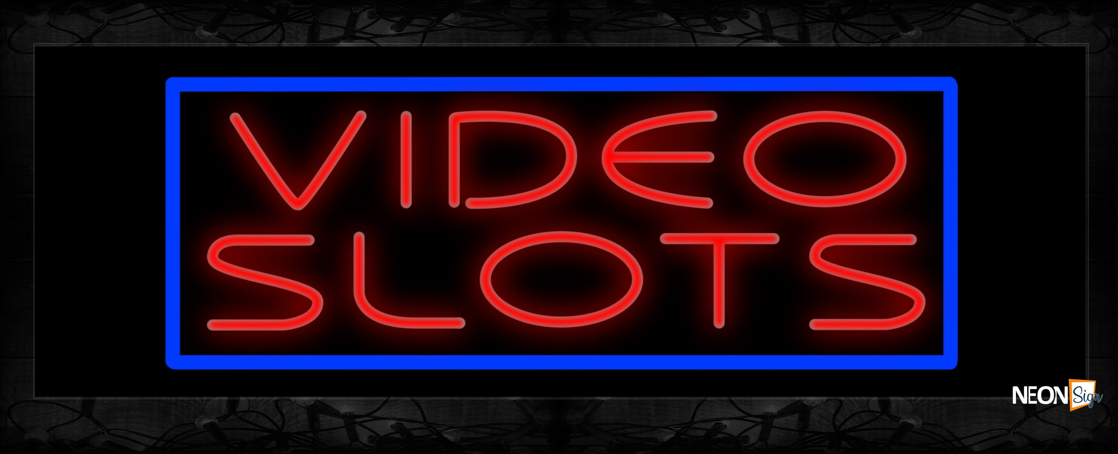 Image of 11502 Video Slots in red with blue border Neon Sign 13x32 Black Backing