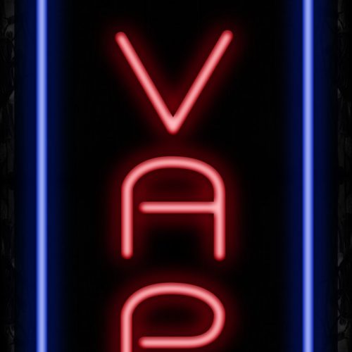 Image of 11552 E vape with blue vertical border led bulb sign_ 32x12 Black Backing