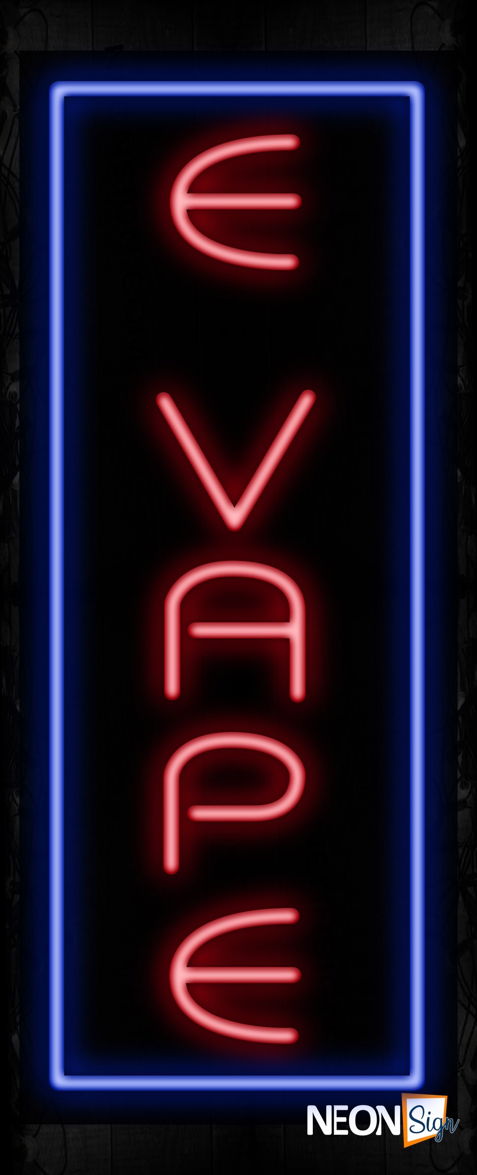 Image of 11552 E vape with blue vertical border led bulb sign_ 32x12 Black Backing