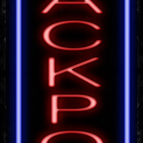 Image of 11580 Jackpot in red with blue border (Vertical) Neon Sign_32 x12 Black Backing