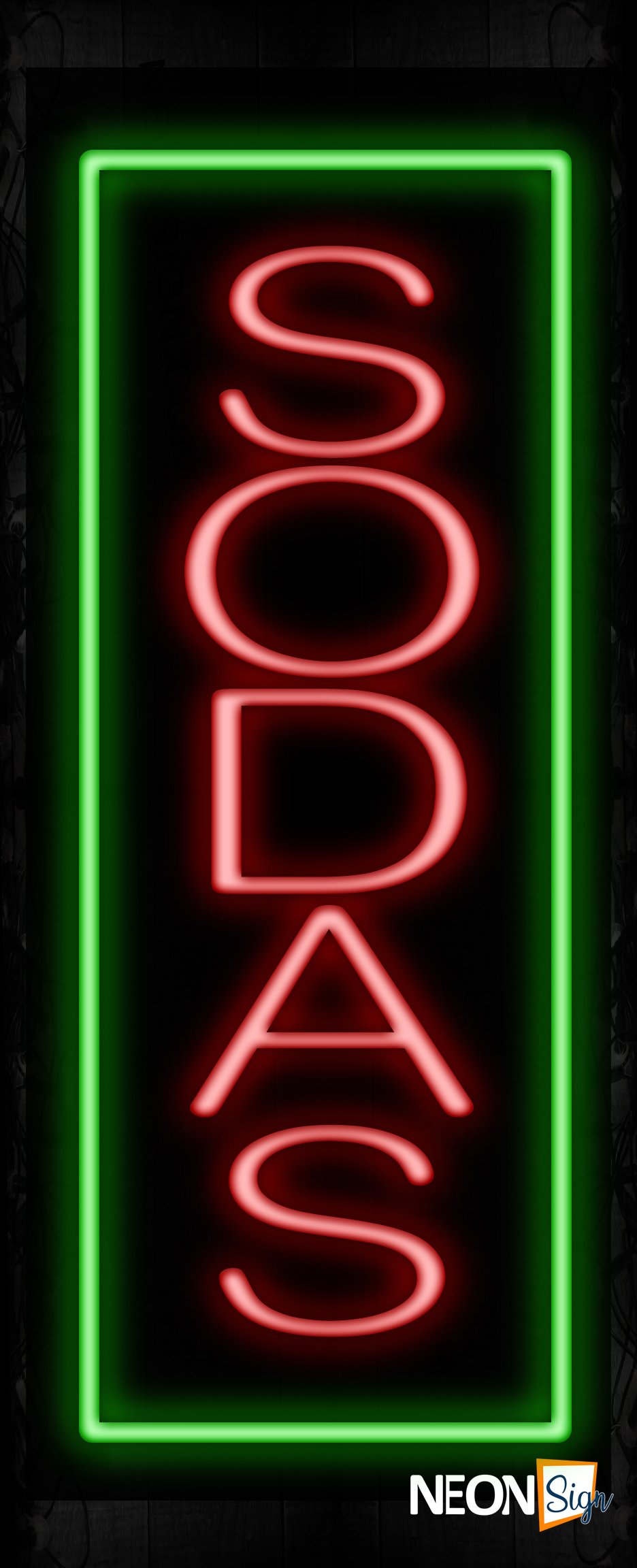 Image of 11625 Sodas with green border (Vertical) Neon Sign_ 32x12 Black Backing