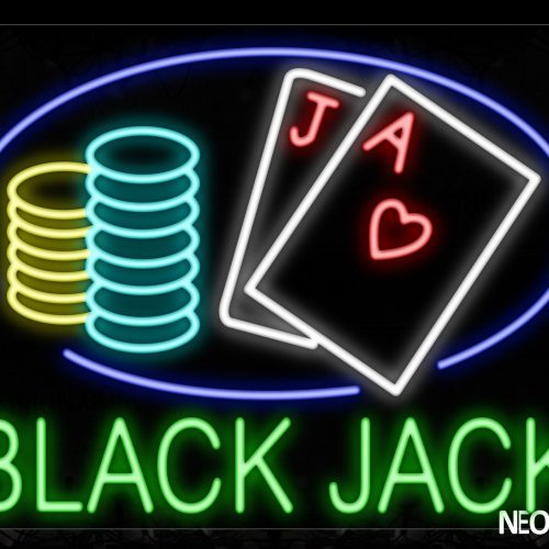 Image of 11665 Blackjack With Circle Border & Cards Neon Signs_24x31 Black Backing