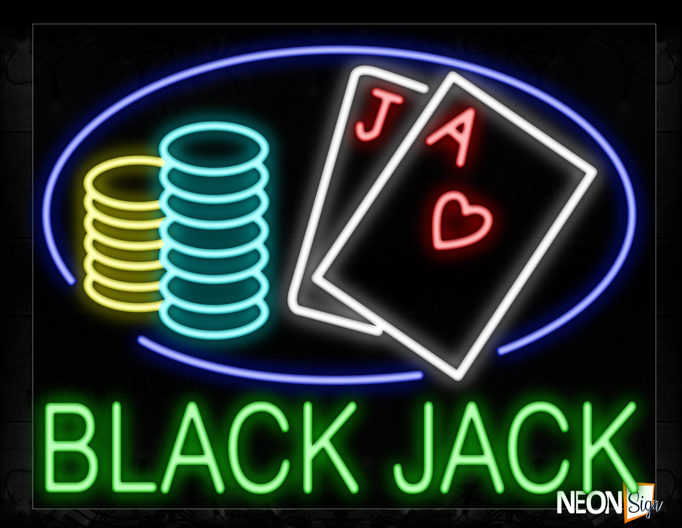 Image of 11665 Blackjack With Circle Border & Cards Neon Signs_24x31 Black Backing